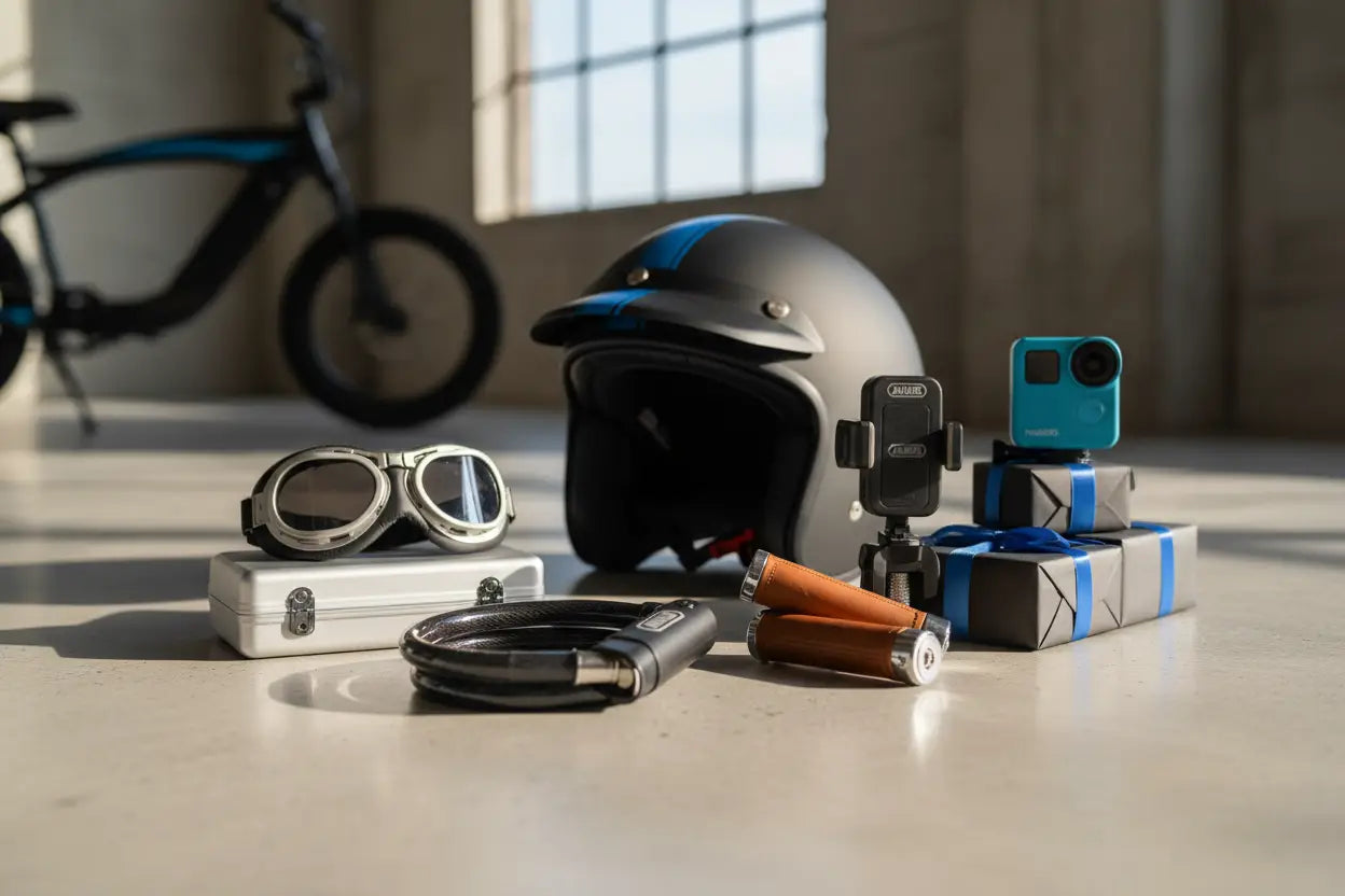 Grauer Super73-Motorradhelm mit blauer Streife und schwarzem Visier