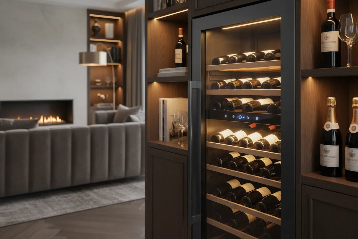 Moderne schwarze Wein-Kühlbox mit Glasfront und warmem Licht