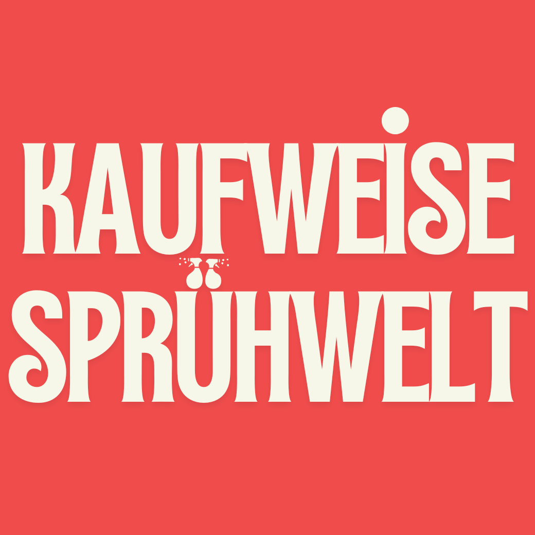Kaufweise Sprühwelt – Kreatives Design mit stilvollem Schriftzug auf rotem Hintergrund.