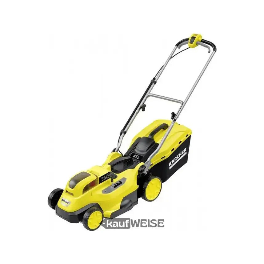 Gelber und schwarzer kabelloser Rasenmäher mit 45L Fangkorb von Kärcher Akku-Rasenmäher LMO 18-36