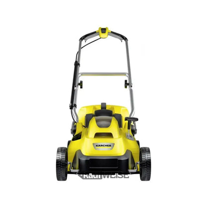 Heller gelber Kärcher Akku-Rasenmäher mit klappbarem Griff und 18V Akku