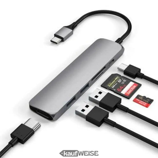 Silberner Satechi V2 Slim USB-C Multiport Adapter mit HDMI, PD, USB-C, USB-A und SD-Kartensteckplätzen