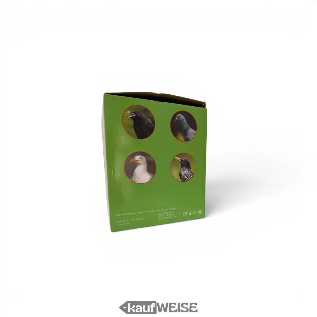 Grüne kartonverpackung mit vier vogelillustrationen und kreisausschnitten für vulpes goods vg-br01 vogelvertreiber ultraschall